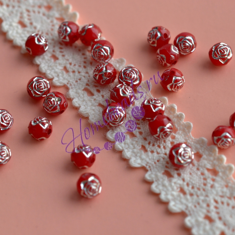 Бусины пластиковые круглые с имитацией страз "Роза", 6 мм, красный