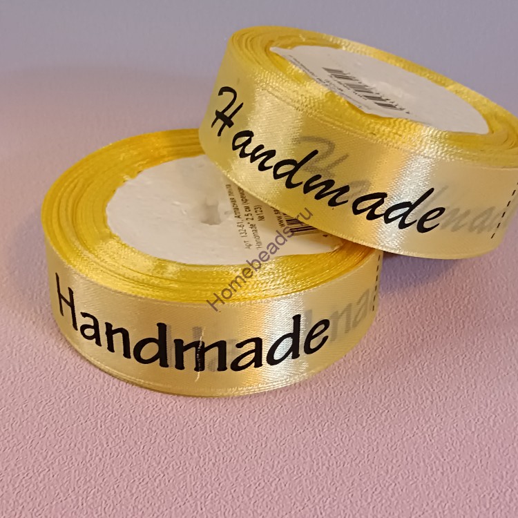 Лента атласная "Handmade" 2,5 см*20 ярд, светло-желтый