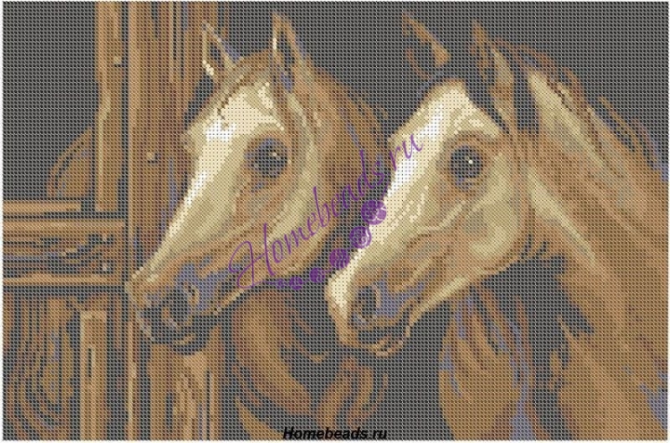 Схема для полной вышивки бисером на габардине - «Пара лошадей» А3, К-138