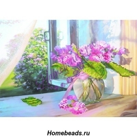 4041. Шелк с рисунком для вышивания бисером. "Цветы на окне"