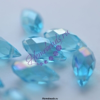 Стеклянные граненые бусины "Капля" 12*6 мм, голубой, прозрачный радужный